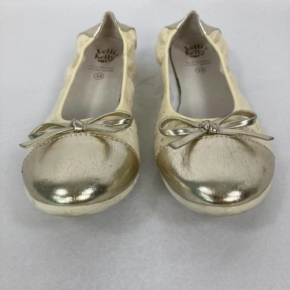 Lelli Kelly‎ Shoes Girls Sz 4.5 Ivory Eyelet Gold Leather Ballet Flats Cap Toe